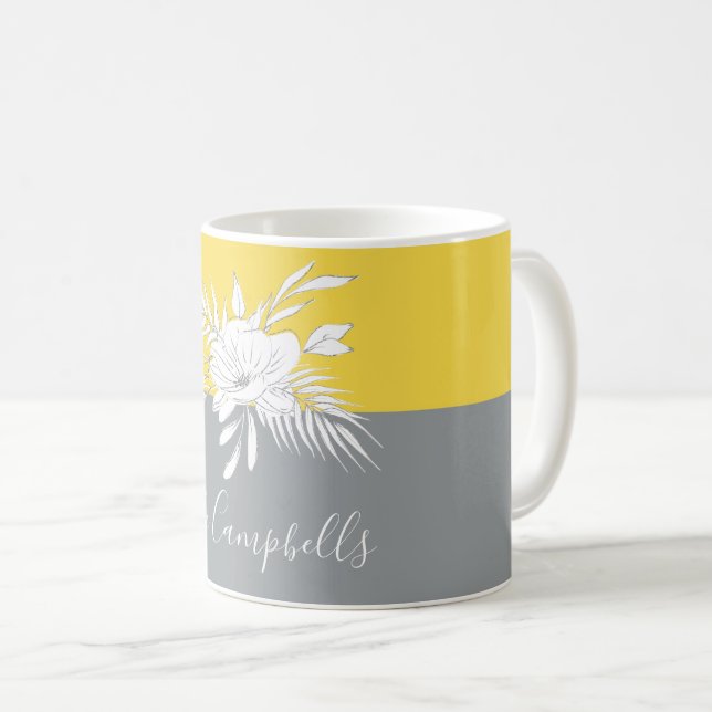 Modern White Floral on Colorblock Personalized Coffee Mug (Front Right)