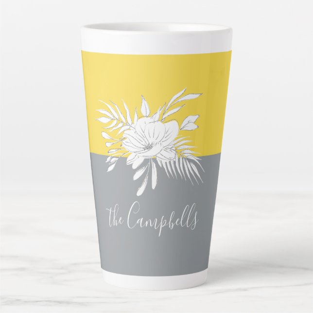 Modern White Floral on Colorblock Personalized   Latte Mug (Front)