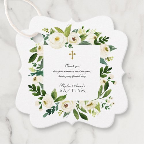 Modern White Floral Peonies Wreath Baptism Favor Tags