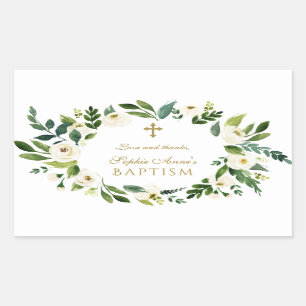Modern White Floral Peonies Wreath Baptism Rectangular Sticker