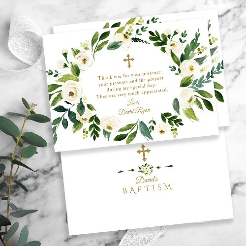 Modern White Floral Peonies Wreath Baptism Thank You Card