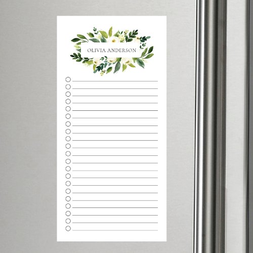 Modern White Floral Personalized Magnetic Notepad