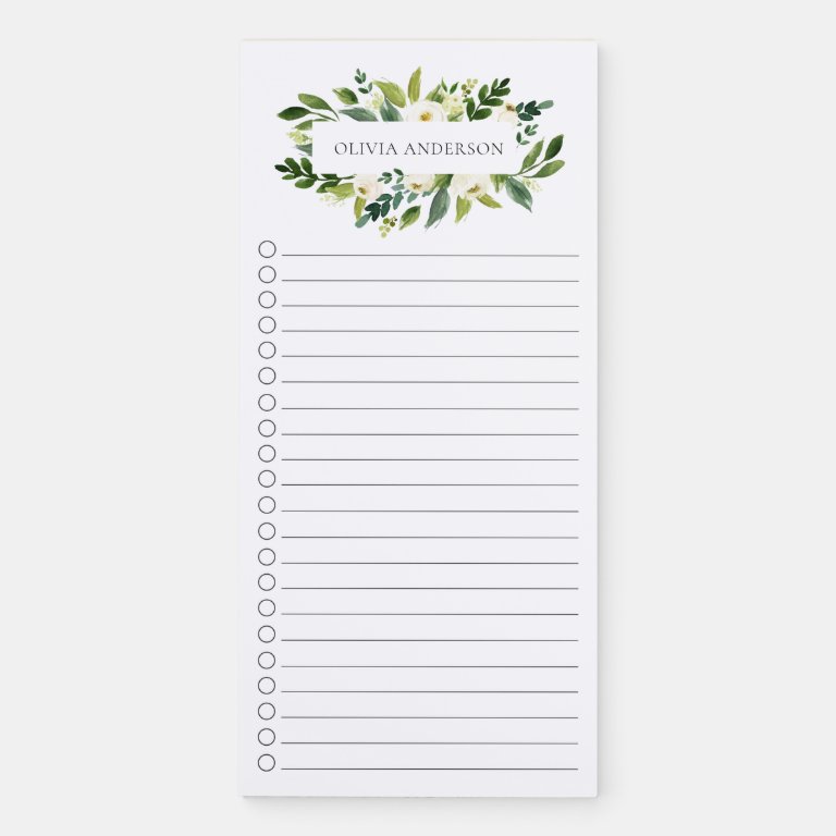 Modern White Floral Personalized Magnetic                    Notepad