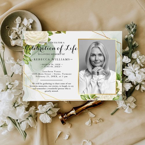 Modern White Floral Photo Celebration of life Invitation