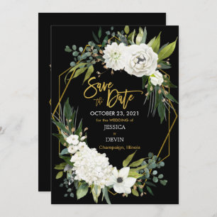 Modern White Floral Velvet Black Gold Geometric Save The Date