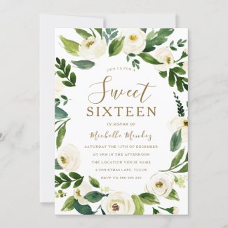 Modern White Floral Wreath Sweet 16 Party Invitation