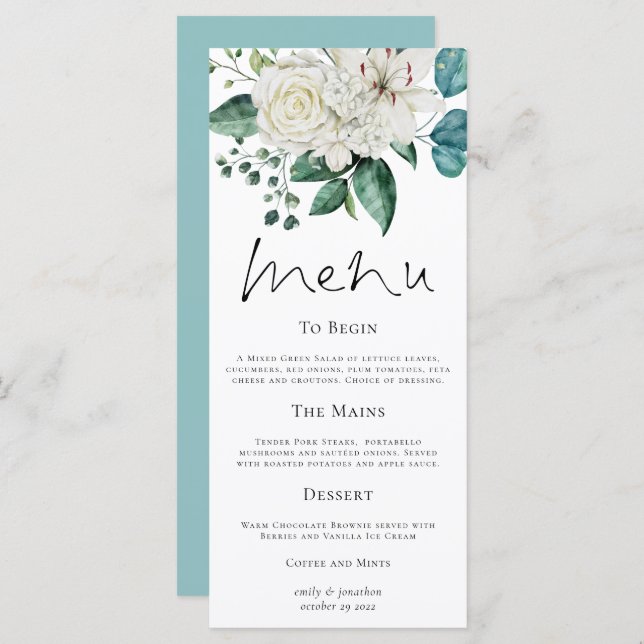 Modern White Florals Eucalyptus Wedding Menu (Front/Back)