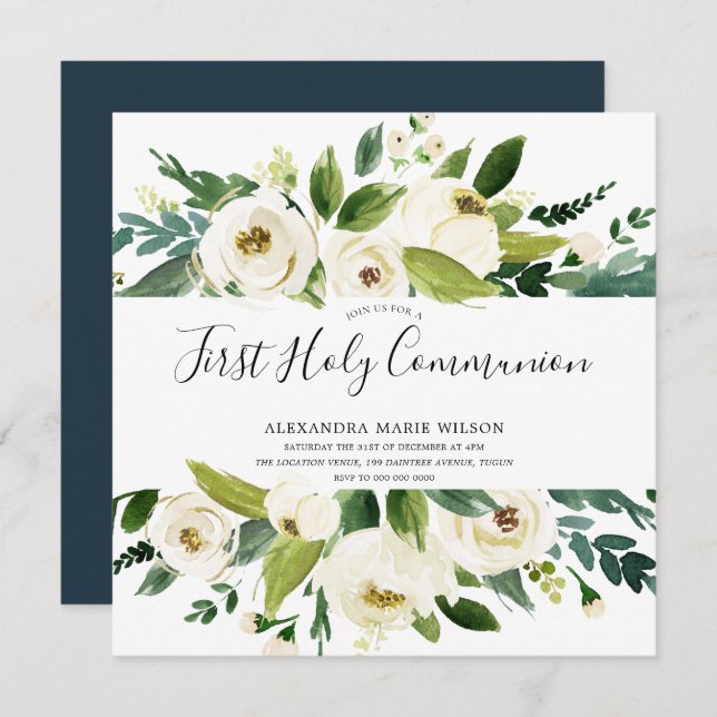 Modern White Florals Green First Holy Communion Invitation (Front/Back)