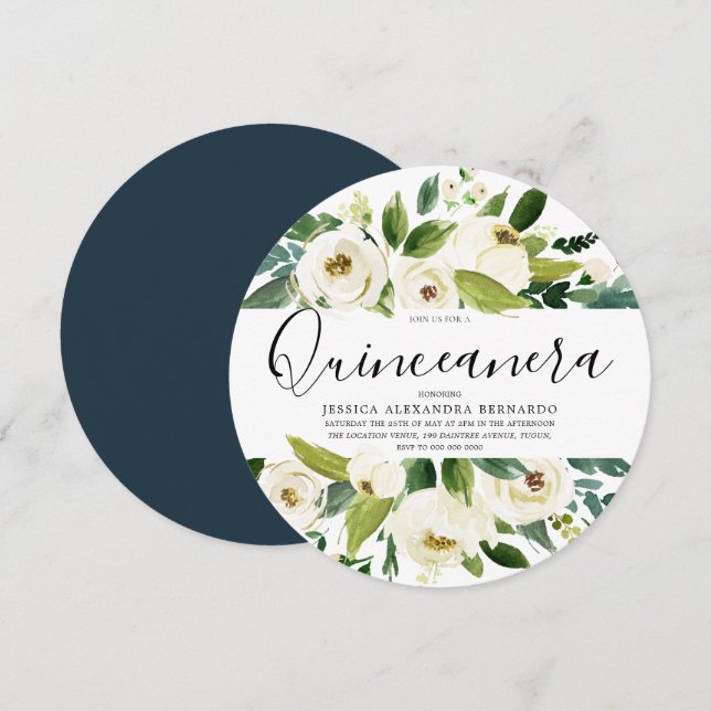 Modern White Florals Green Leaf Quinceanera Party Invitation (Front/Back)
