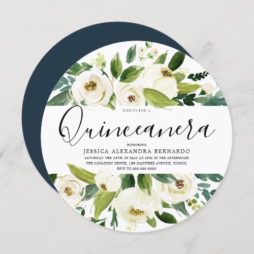 Modern White Florals Green Leaf Quinceanera Party Invitation