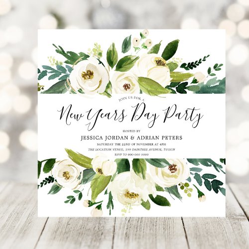 Modern White Florals Green New Years Day Party Invitation