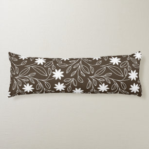 Modern White Flower Leaf Mocha Brown  Body Pillow
