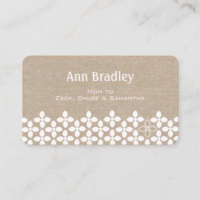Modern White Flower Mommy Faux Linen Business Card (Front)