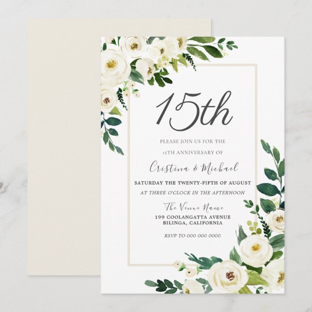 Modern White Flowers 15th Wedding Anniversary Invitation (Front/Back)