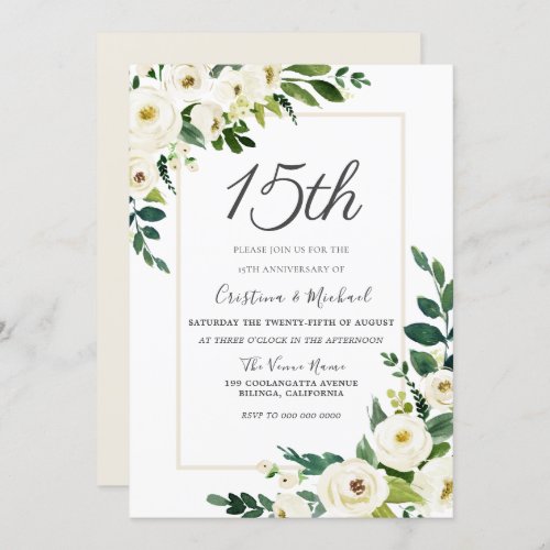 Modern White Flowers 15th Wedding Anniversary Invitation