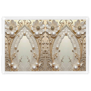 Modern White Flowers Pearls Acrylic Vanity Tray