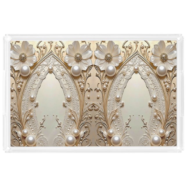 Modern White Flowers Pearls Acrylic Vanity Tray (Front)