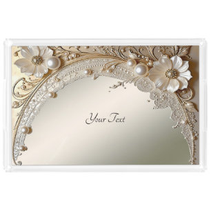 Modern White Flowers Pearls Acrylic Vanity Tray
