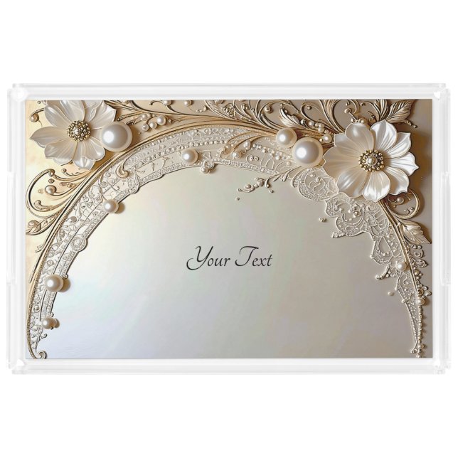 Modern White Flowers Pearls Acrylic Vanity Tray (Front)