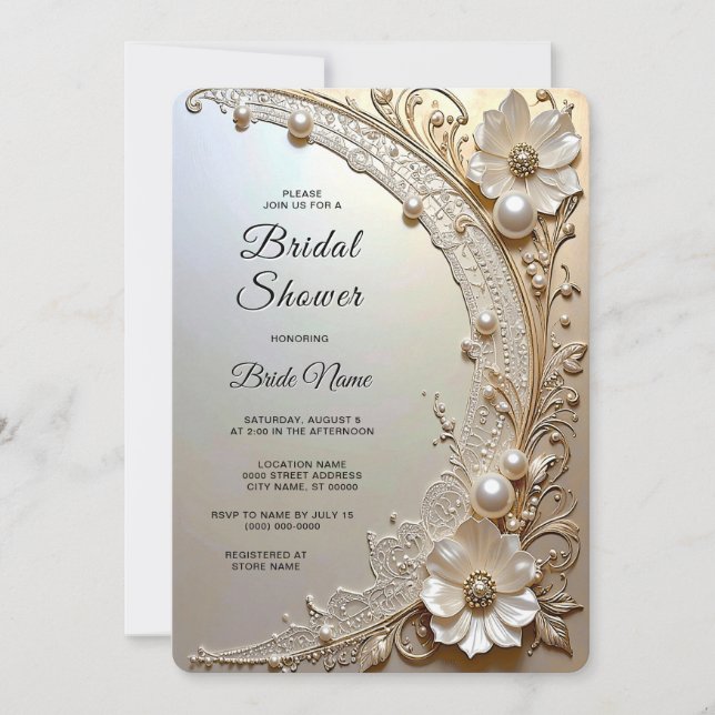 Modern White Flowers Pearls Bridal Shower Invitation (Front)