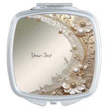 Modern White Flowers Pearls Compact Mirror