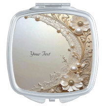 Modern White Flowers Pearls Compact Mirror