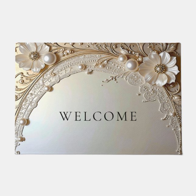Modern White Flowers Pearls Doormat (Front)