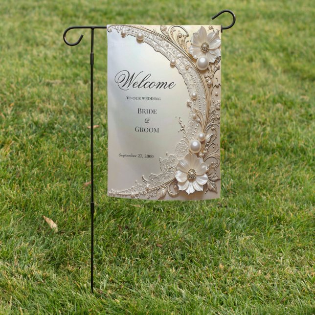 Modern White Flowers Pearls Garden Flag (In SItu)
