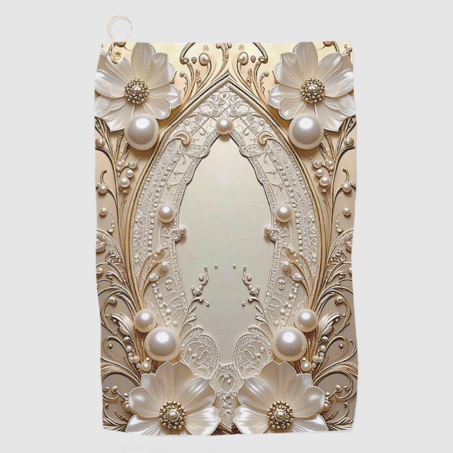 Modern White Flowers Pearls Golf Towel (Front)