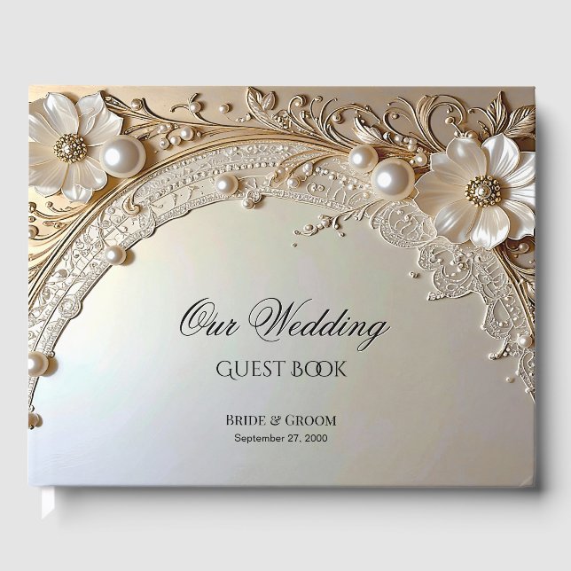 Modern White Flowers Pearls Guest Book (Front)
