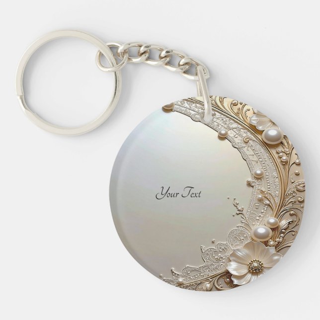 Modern White Flowers Pearls Keychain (Front)