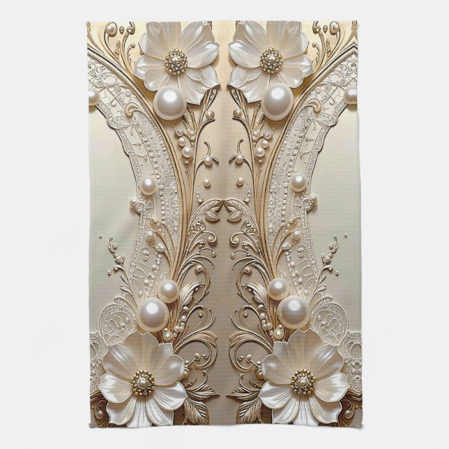 Modern White Flowers Pearls Kitchen Towel (Vertical)