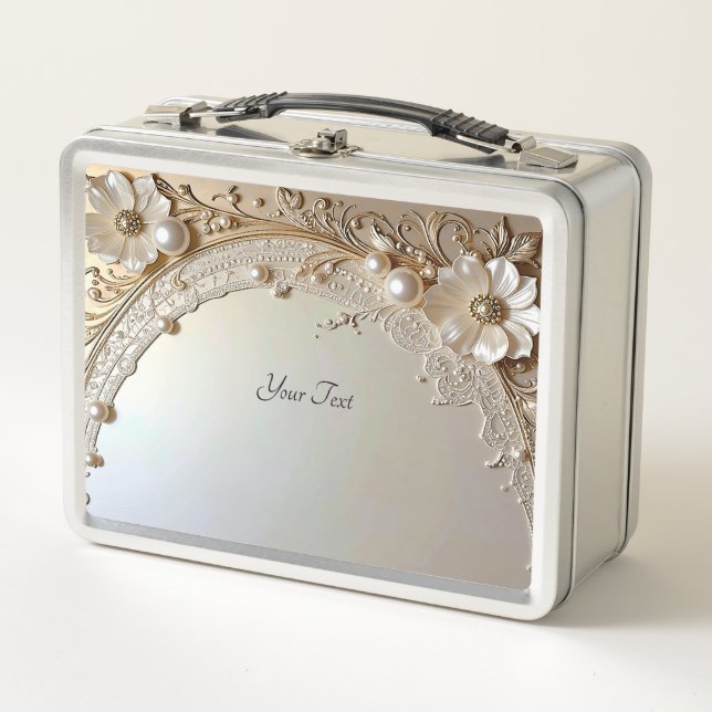 Modern White Flowers Pearls Lunchbox (Front)