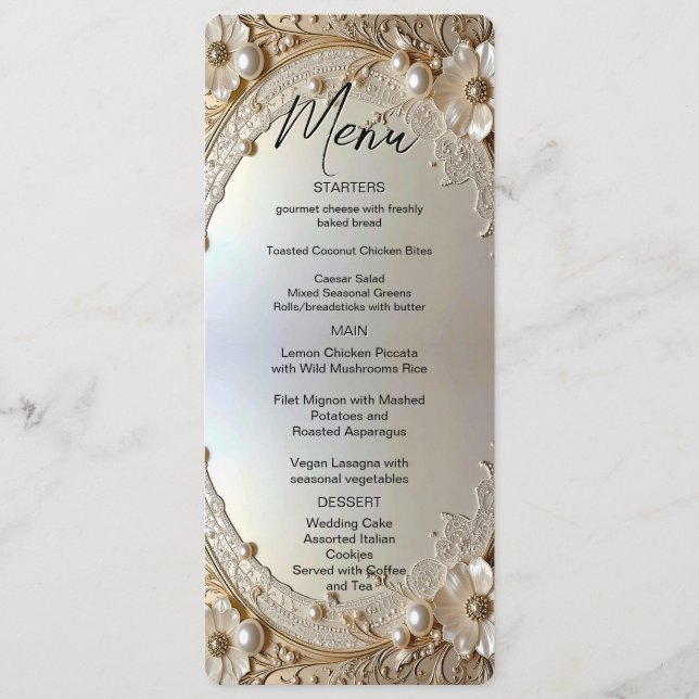 Modern White Flowers Pearls Menu (Front)