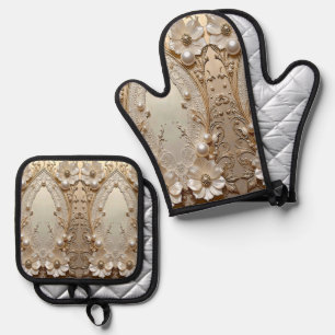 Modern White Flowers Pearls Oven Mitt & Pot Holder Set
