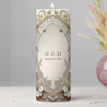 Modern White Flowers Pearls Pillar Candle