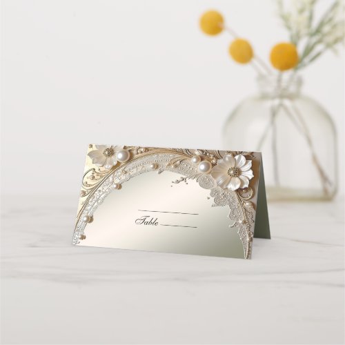 Modern White Flowers Pearls Place Card