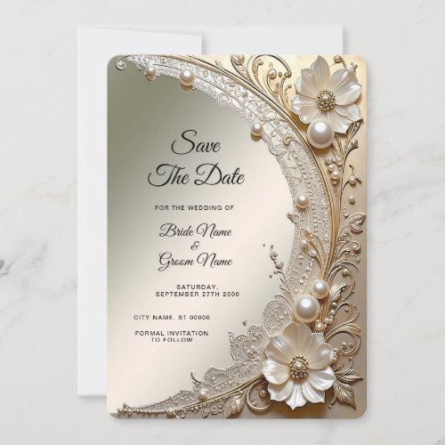 Modern White Flowers Pearls Save the Date