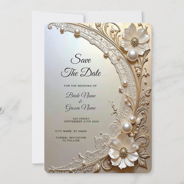 Modern White Flowers Pearls Save the Date (Front)