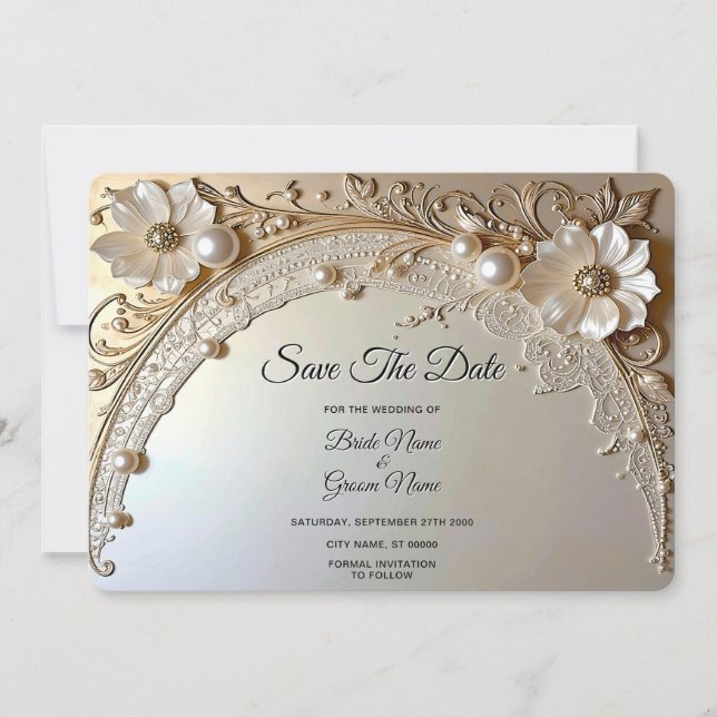Modern White Flowers Pearls Save The Date (Front)