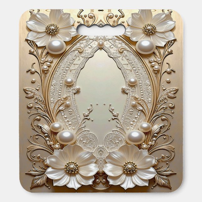 Modern White Flowers Pearls Stadium Seat Cushion (Front Vertical)