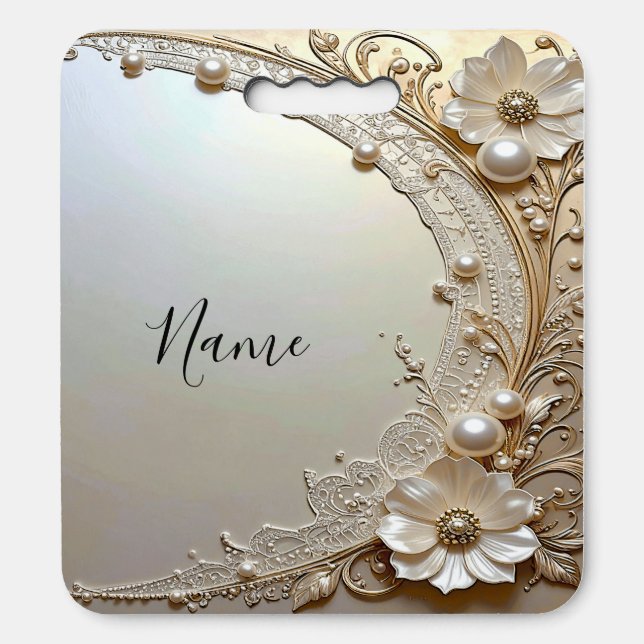 Modern White Flowers Pearls Stadium Seat Cushion (Front Vertical)