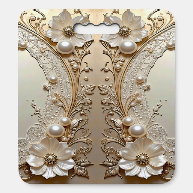 Modern White Flowers Pearls Stadium Seat Cushion (Front Vertical)