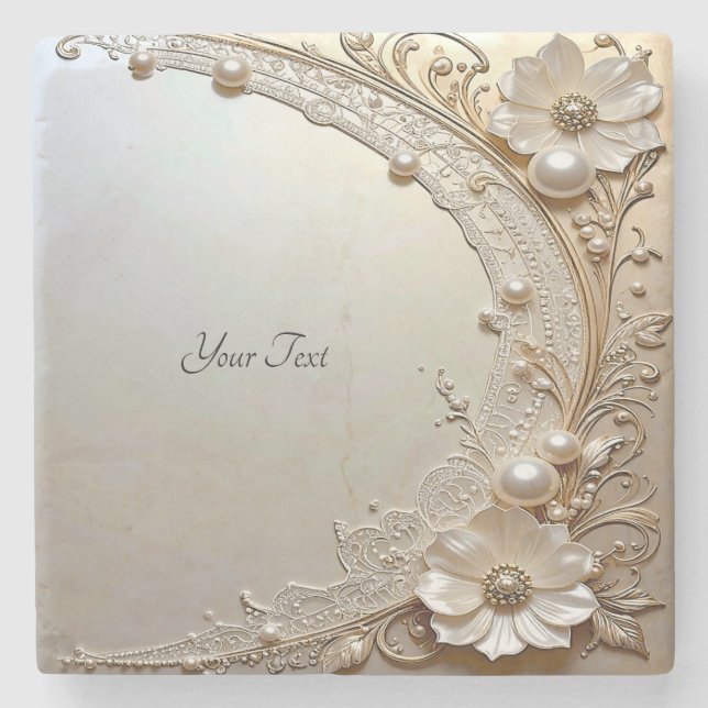 Modern White Flowers Pearls Stone Coaster (Front)