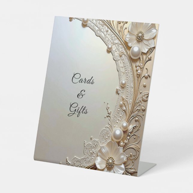 Modern White Flowers Pearls Tabletop Signs (Front)