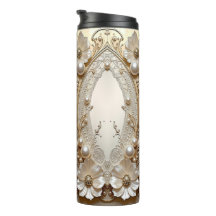 Modern White Flowers Pearls Thermal Tumbler