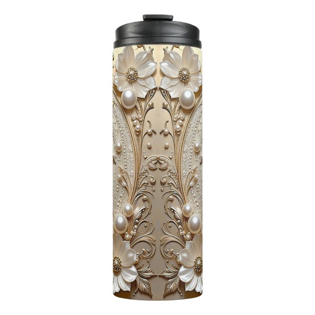 Modern White Flowers Pearls Thermal Tumbler (Front)
