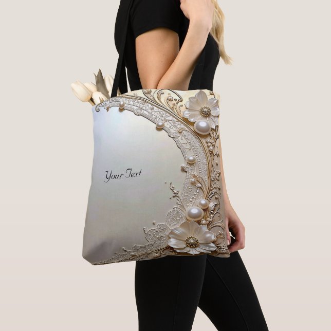 Modern White Flowers Pearls Tote Bag (Close Up)