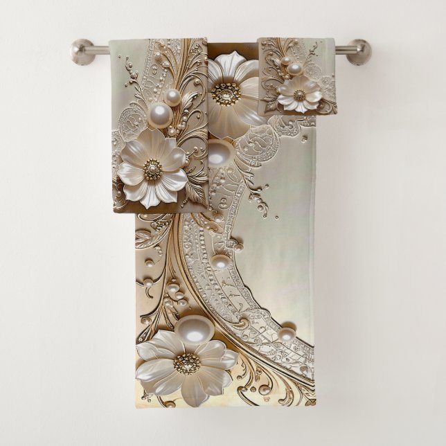 Modern White Flowers Pearls Towel Set (Insitu)