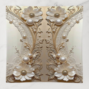 Modern White Flowers Pearls Trinket Tray